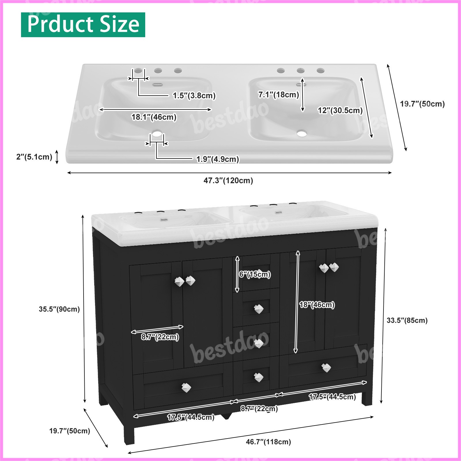 47″ Black Bathroom Vanity Cabinet w/ Double Ceramic Sinks & 2 Doors & 6 Drawers