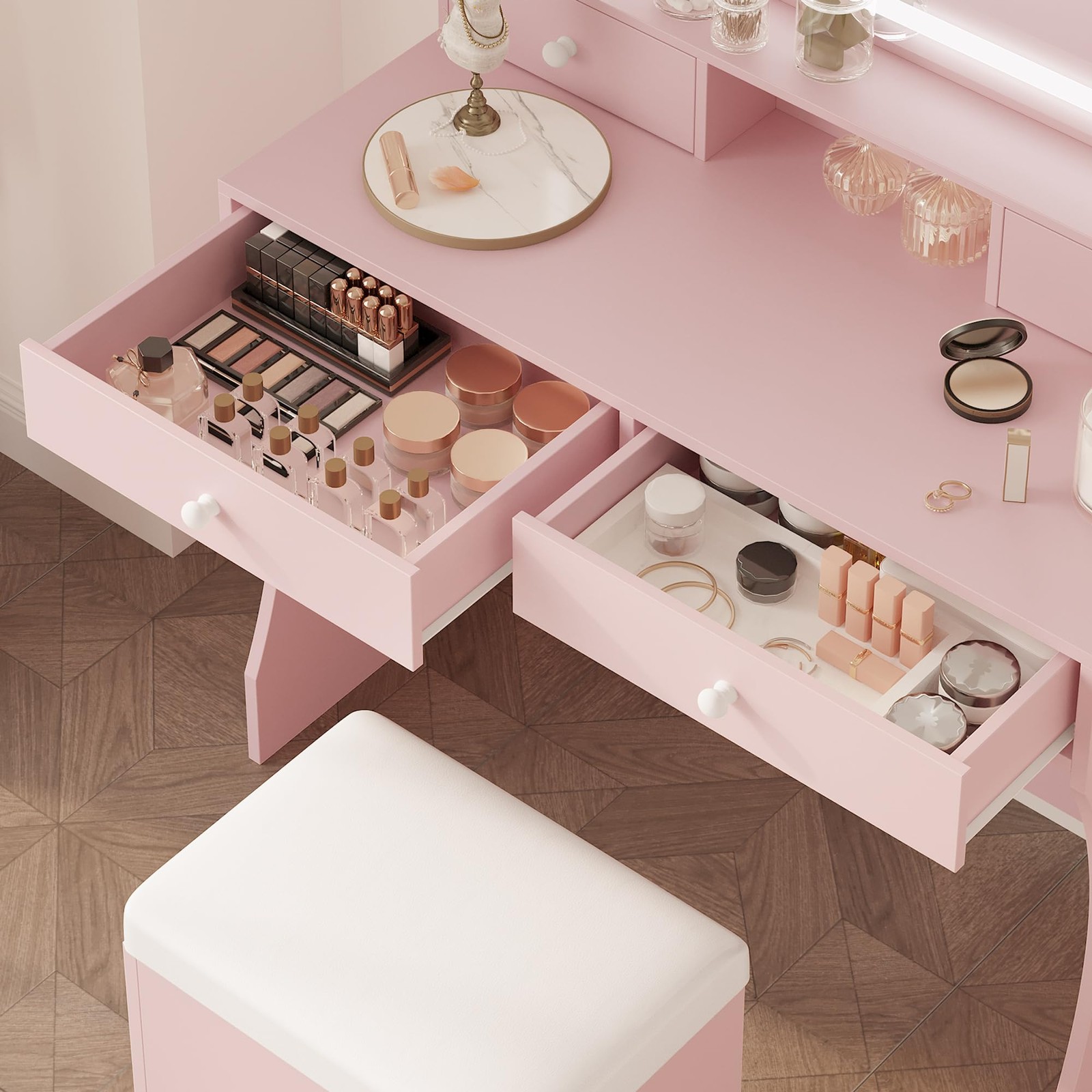Vanity Desk with LED Lighted Mirror & Power Outlet 4 Drawers Storage Bench Pink