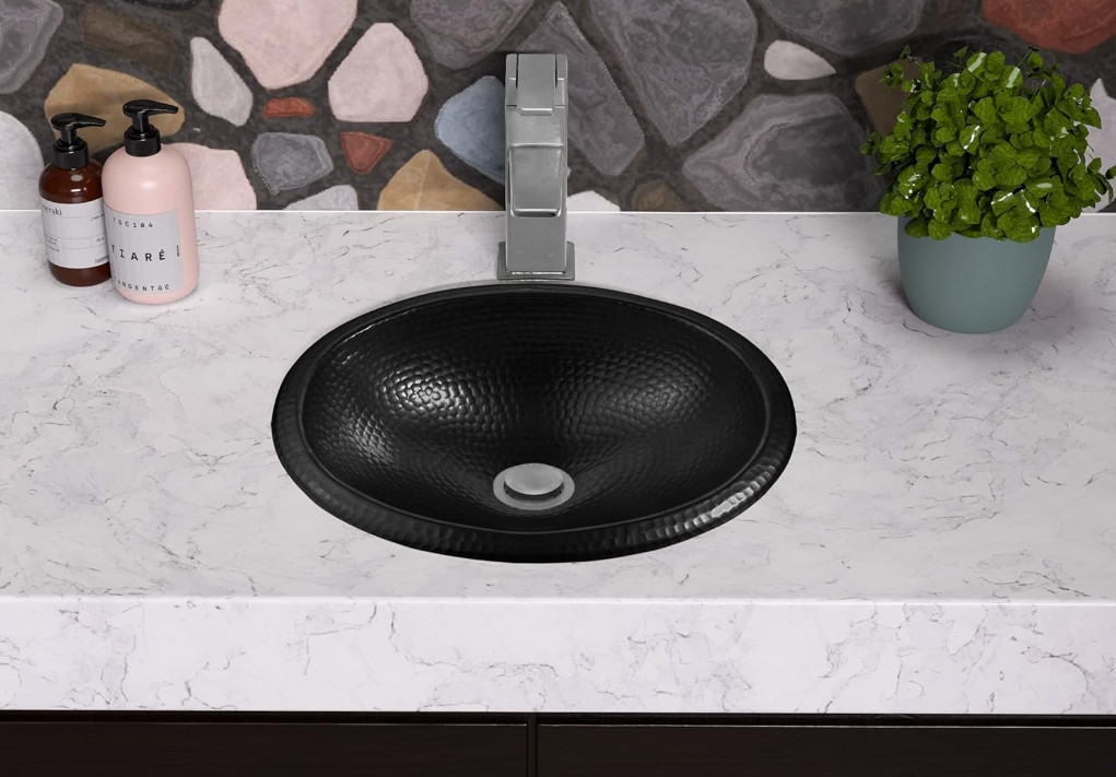19103 Matte Black Hand Hammered Oval Drop-in Bathroom Vanity Sink (17 inches)