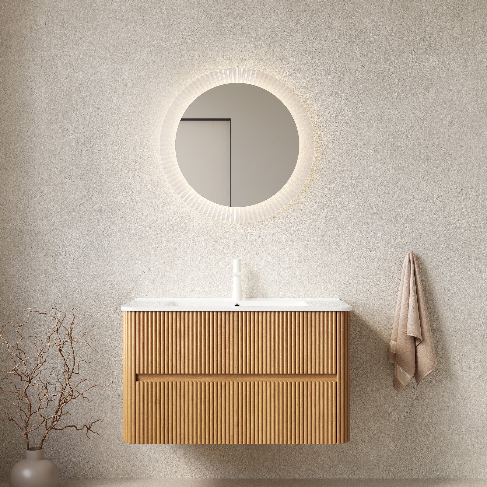36″ Wall-Mounted Bathroom Vanity with Sink, 2 Drawers, White Ceramic Basin