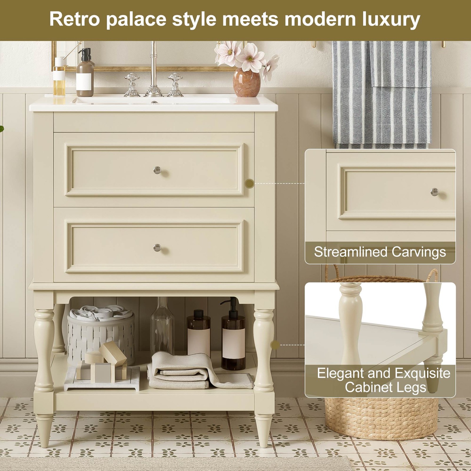 FUNIDEE 24″ Bathroom Vanity with Ceramic Sink Storage Cabinet w/ 2 Drawers Beige