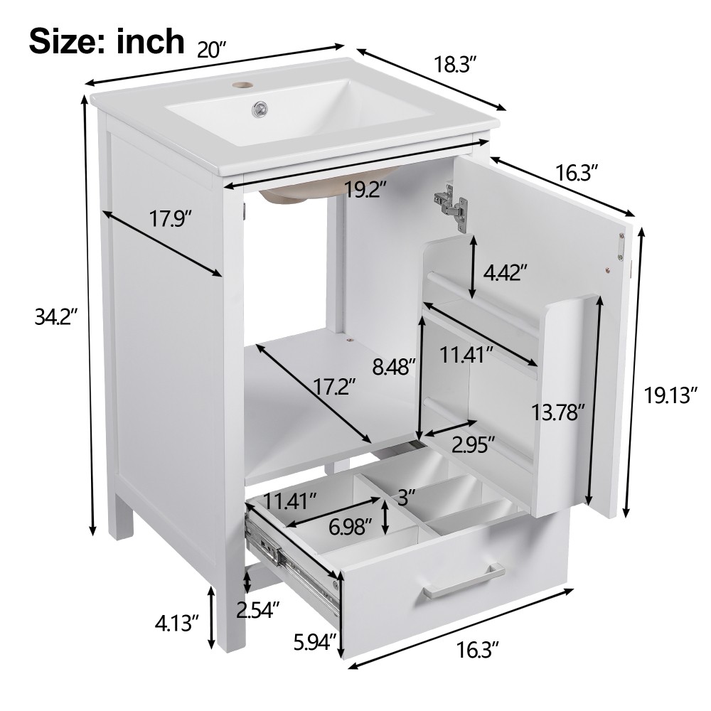 20″ Solid Wood Bath Vanity Ceramic Sink Soft Close Door Divider Drawer Storage
