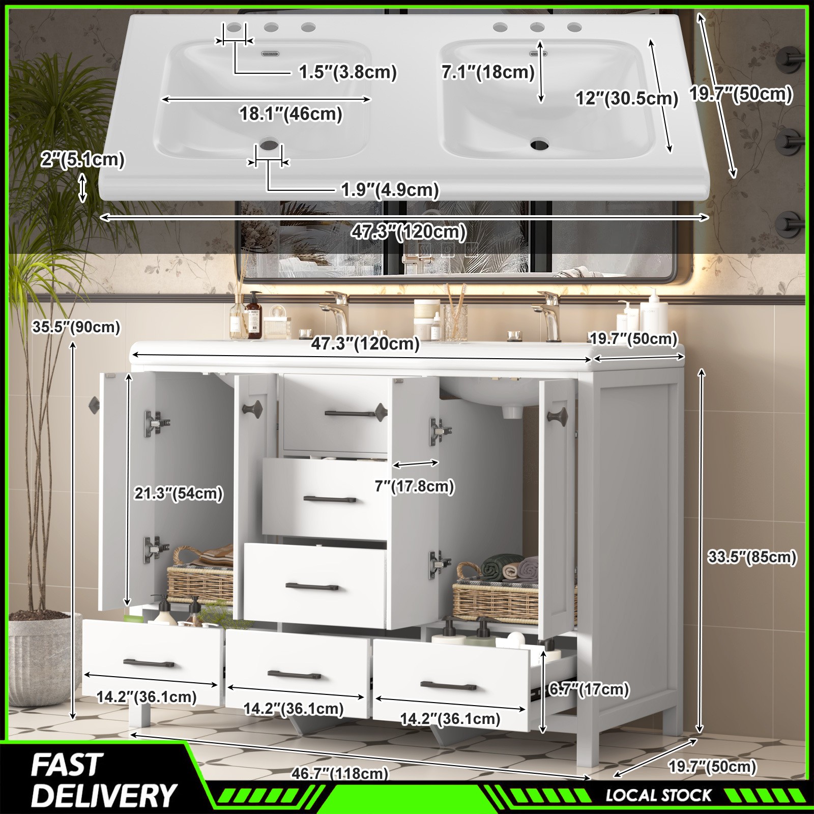 Double Ceramic Sinks 47.3″ Bathroom Vanity Freestanding Cabinet Storage Space
