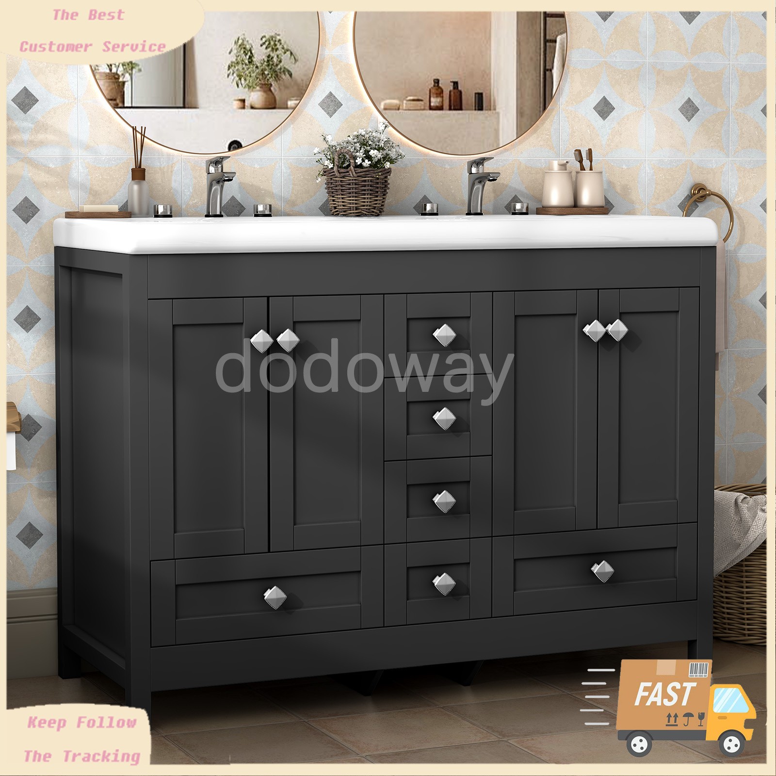 Modern 47″ Double Sink Vanity Freestanding Ceramic Bathroom Cabinet Black