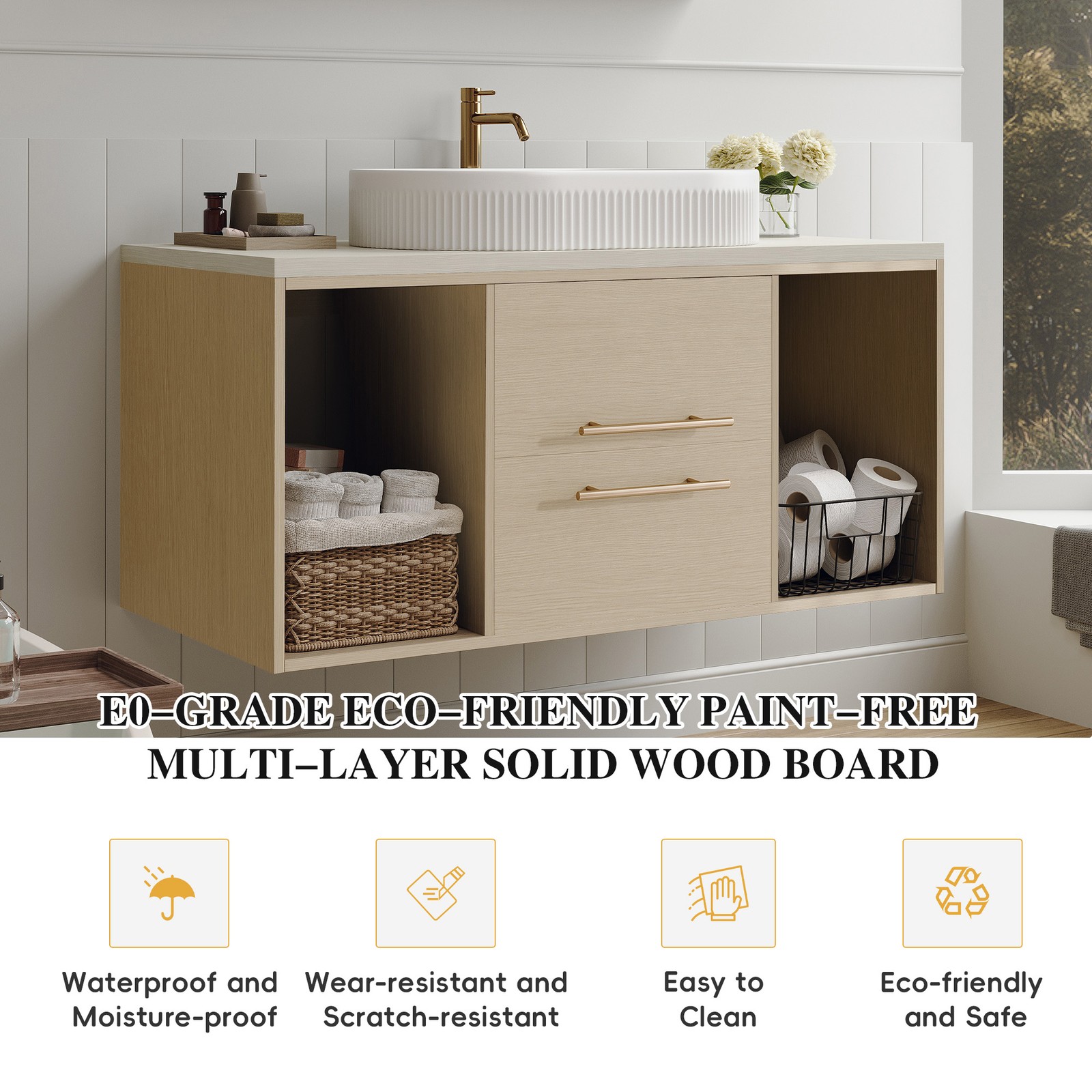 Modern 39.3 Wall-Mounted Bathroom Vanity with Oval Ceramic Sink Floating Vanity