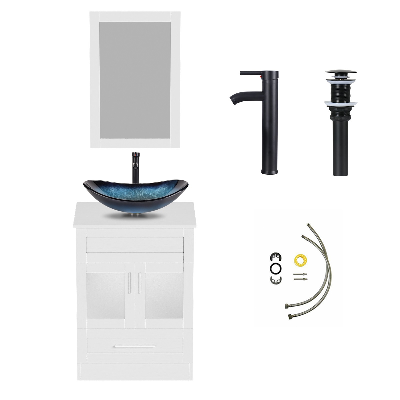 24″ Bathroom Vanity, Blue Glass Vessel Sink with Storage Drawer & Big Mirror