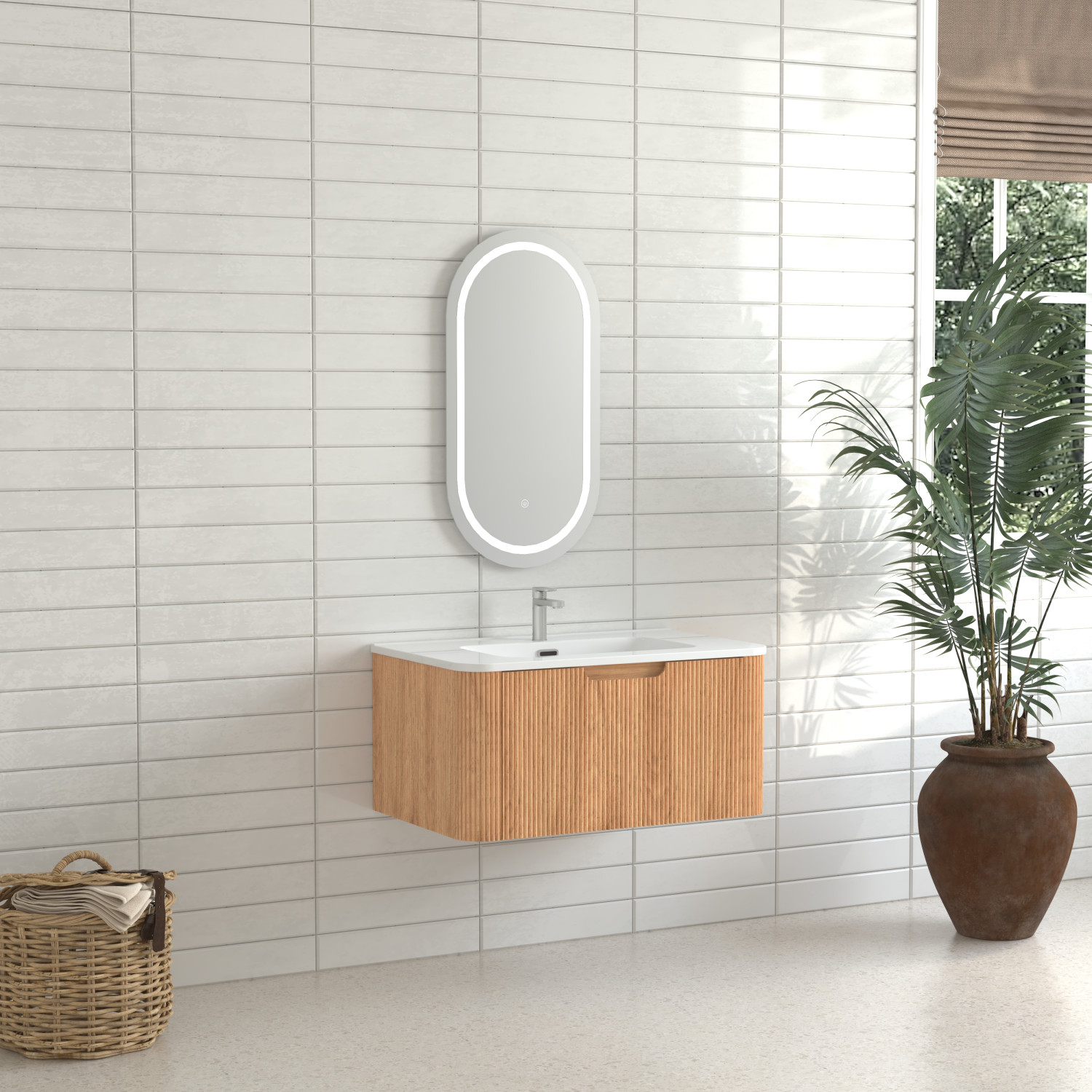 30″ Floating Bathroom Vanity in Walnut with White Ceramic Basin