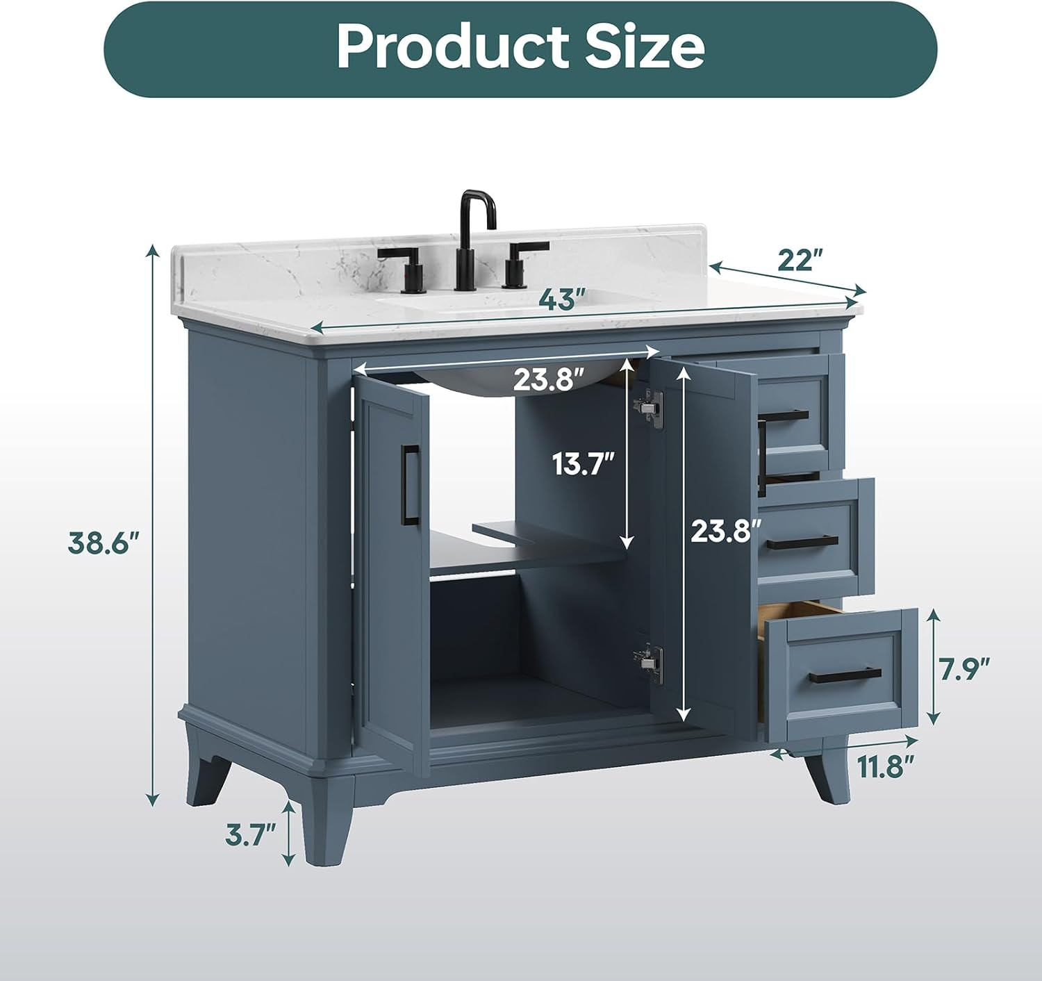 42″ Steel Blue Bathroom Vanity with Sink, Soft Close Doors & Quartz Top