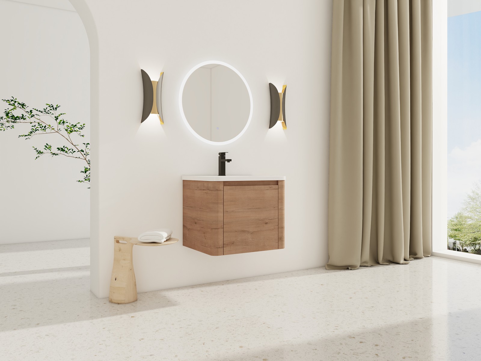 24″ Plywood Wall-Mounted Bathroom Vanity w/ White Ceramic Sink Soft-Close Door