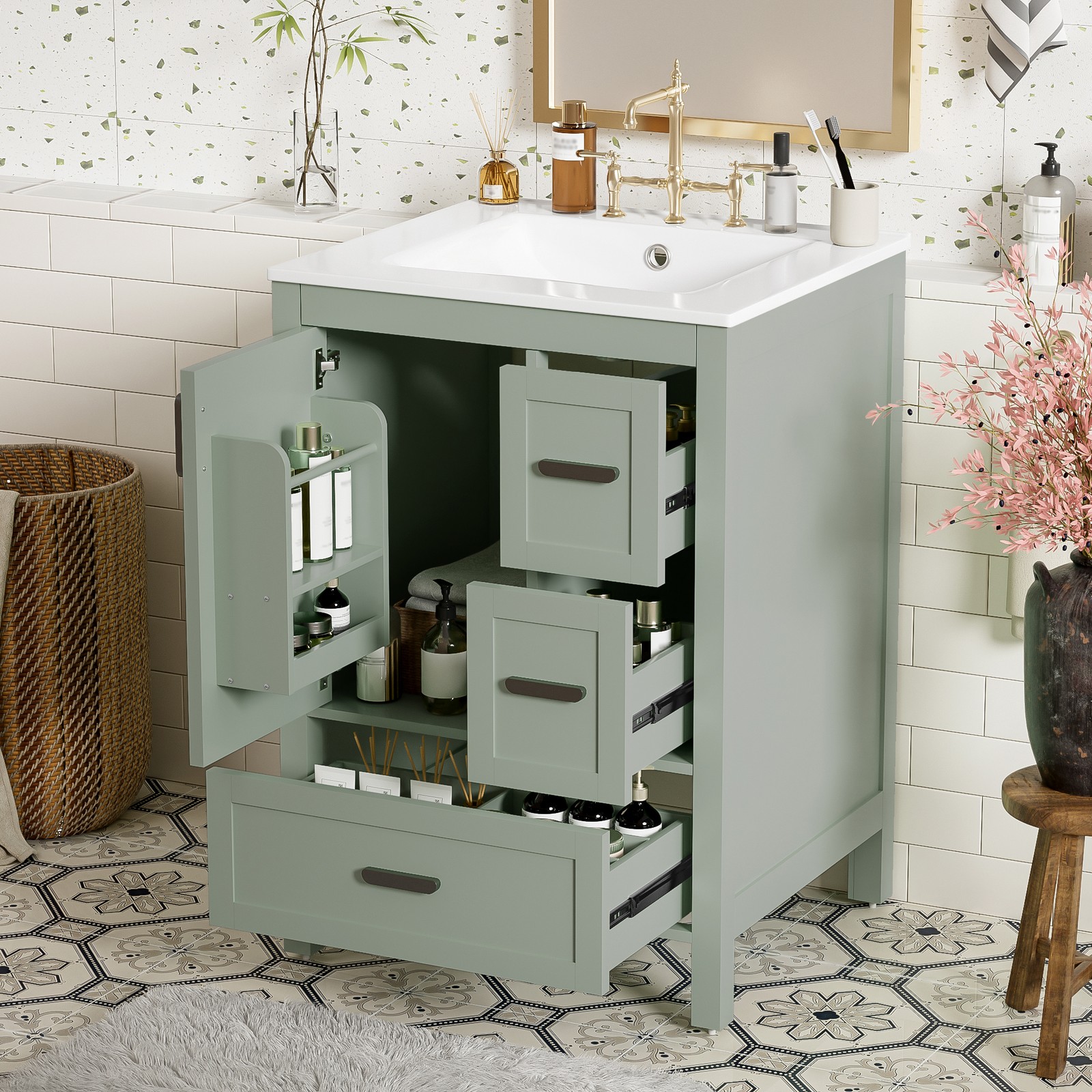 24″ Bathroom Vanity w/Ceramic Sink Modern Freestanding Vanity Cabinet w/3 Doors