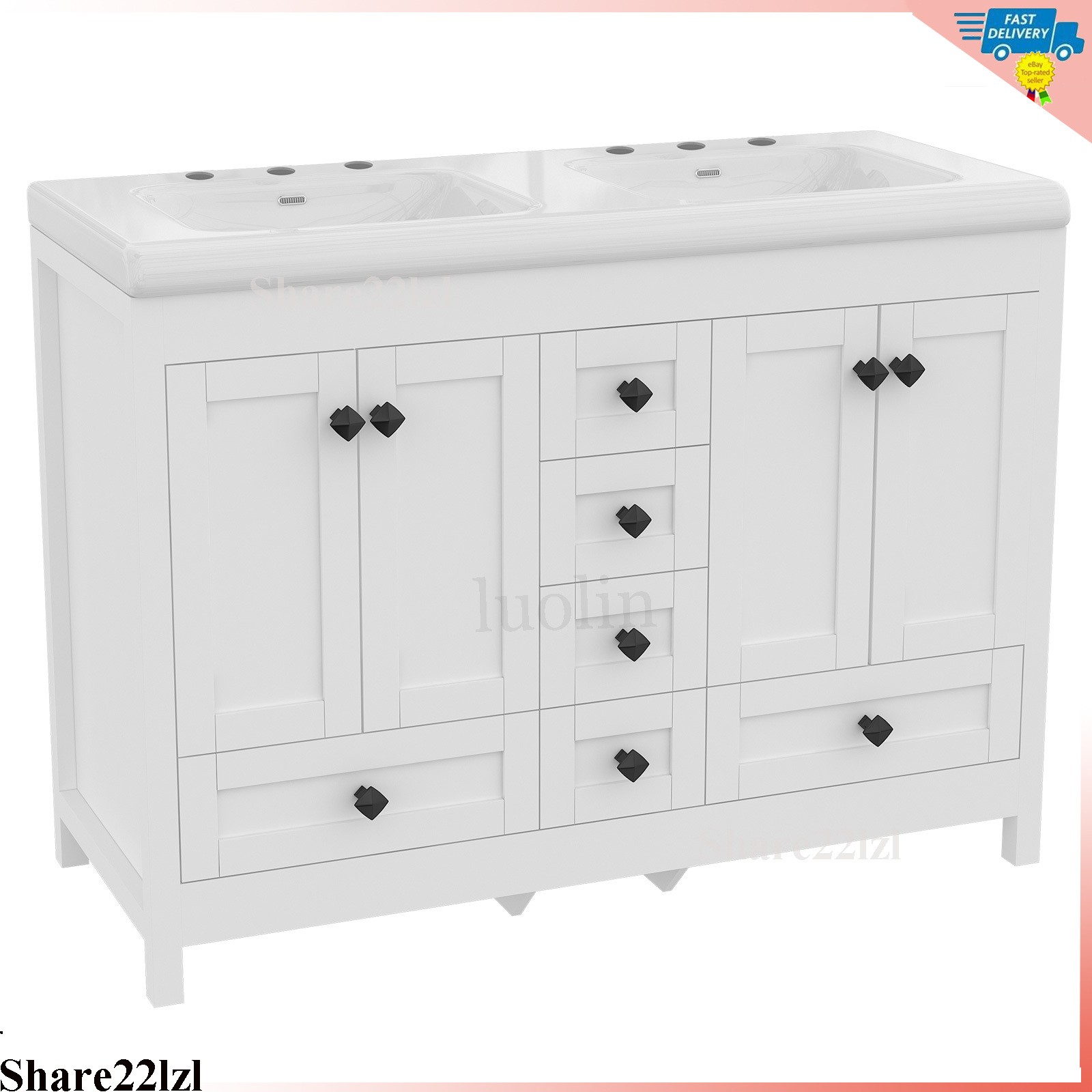 White 47inch Bathroom Vanity Bathroom Storage Cabinet with Double Ceramic Sink