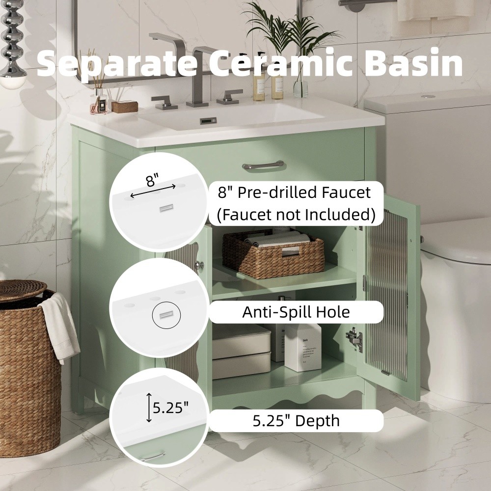 31″Bathroom Vanity Freestanding with Tempered Sink, Modern Storage Cabinet
