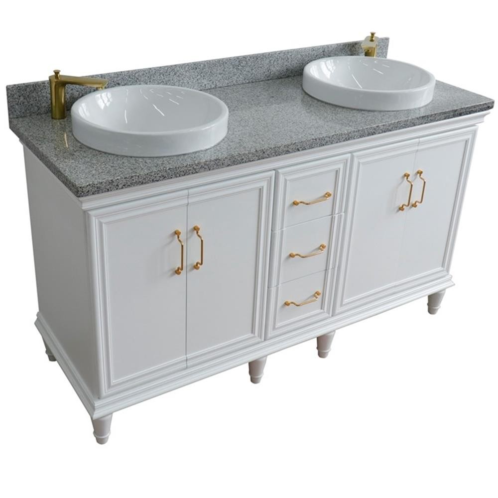 61 in. Double Wooden Vanity White Gray Granite Round Sink