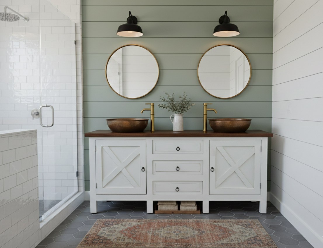 Farm House Rustic Bathroom Double Sink Vanity White washed