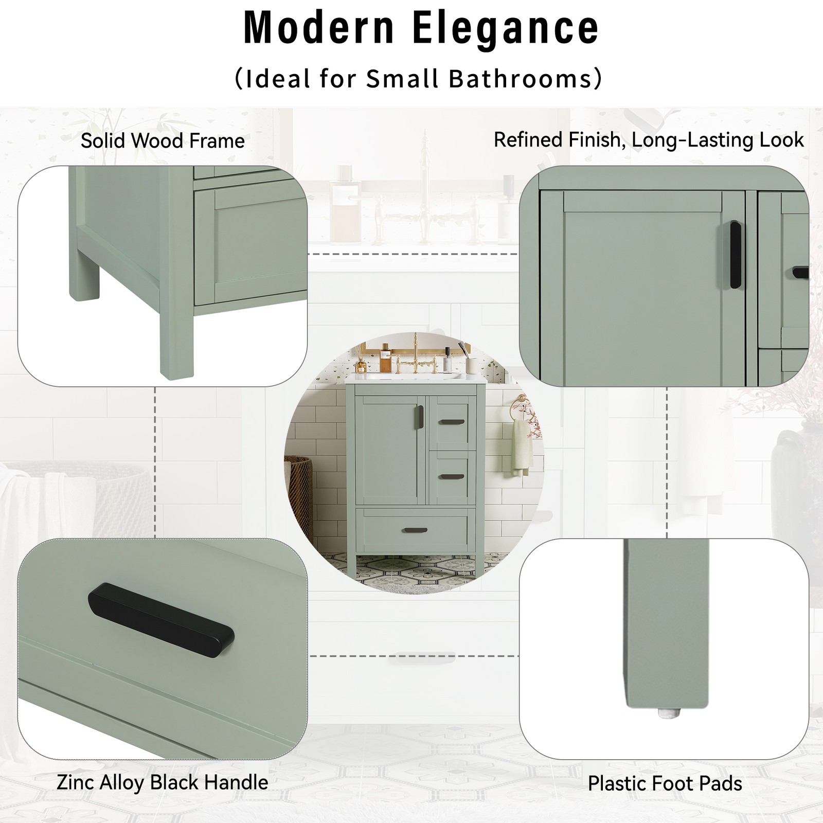 24″ Bathroom Vanity w/Ceramic Sink Modern Freestanding Vanity Cabinet w/3 Doors