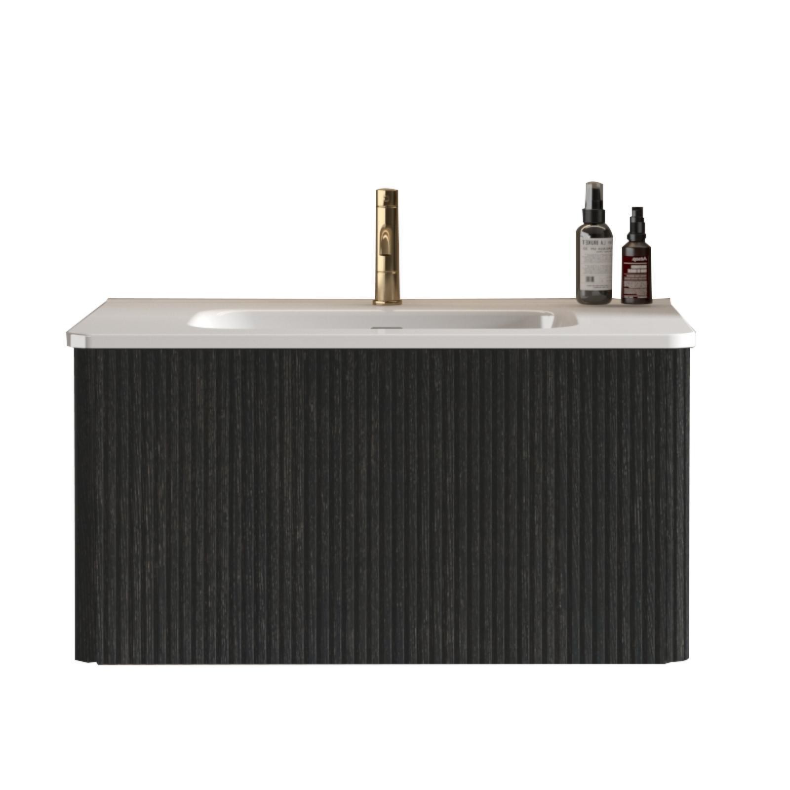 Modern 30″ Floating Bathroom Vanity in Striped Brushed Black Oak with White