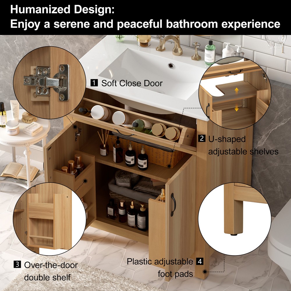 24″ 30″ Bathroom Vanity w/Sink, Freestanding Vanity Storage Door Cabinet, Drawer