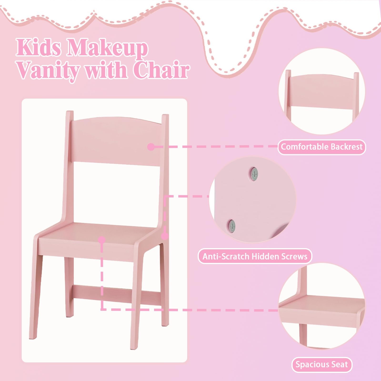 Kids Vanity Table Set Lighted Mirror Stool Jewelry Storage Makeup Pink
