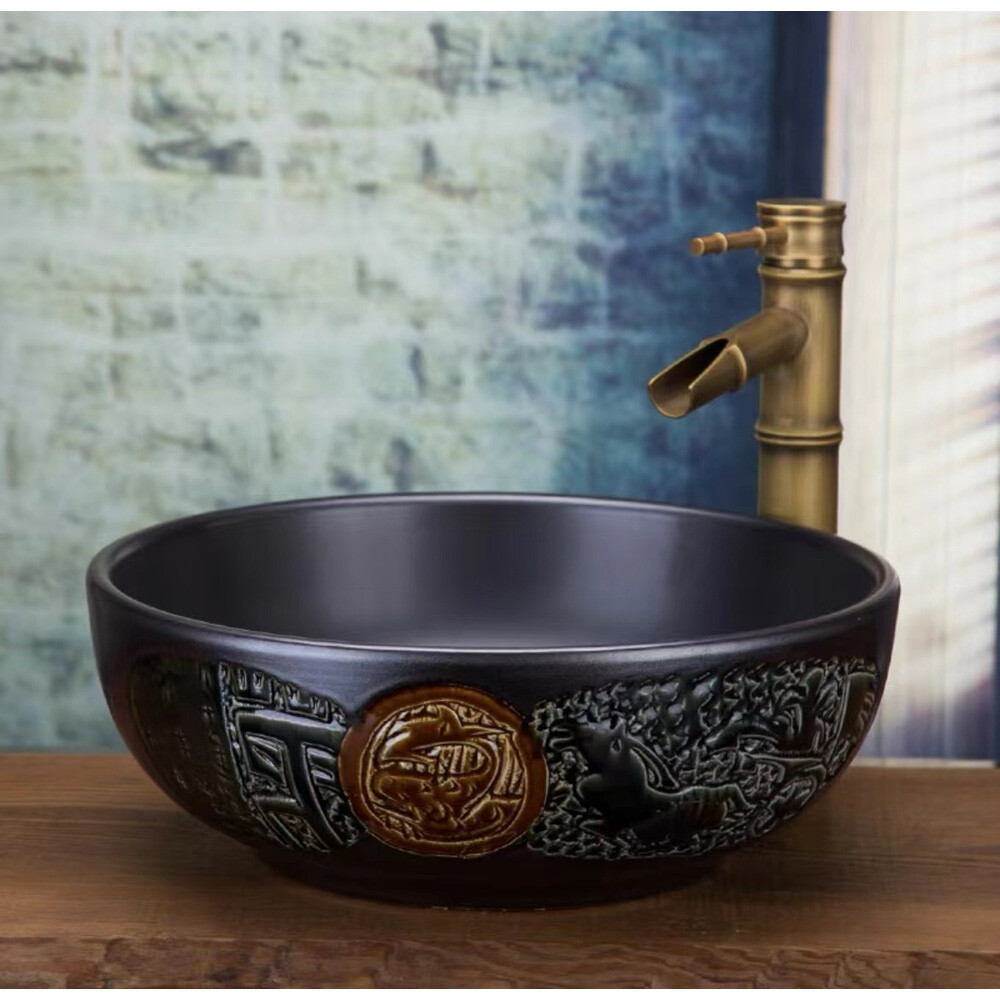 US Seller – 16in Black Chinoiserie Motif Oriental Porcelain Basin