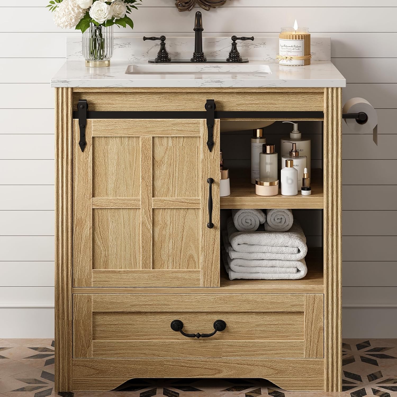 Bathroom Vanity with Sink, 30 Inch Bathroom Sink Cabinet with Drawers & Metal