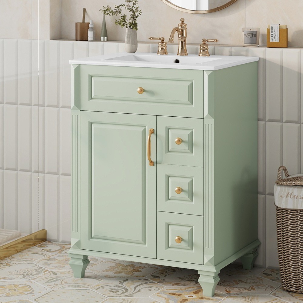 24″ Bathroom Vanity with Sink, Freestanding Vanity Storage Cabinet, 3 Drawers
