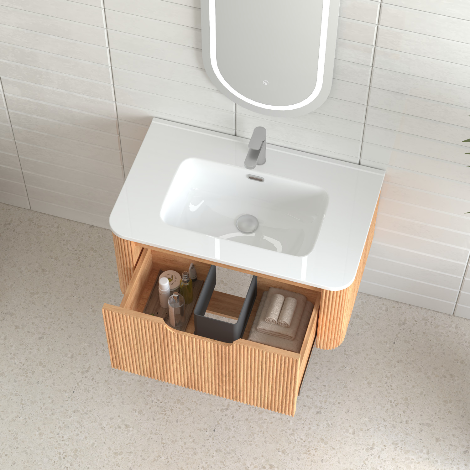 30″ Floating Bathroom Vanity in Walnut with White Ceramic Basin