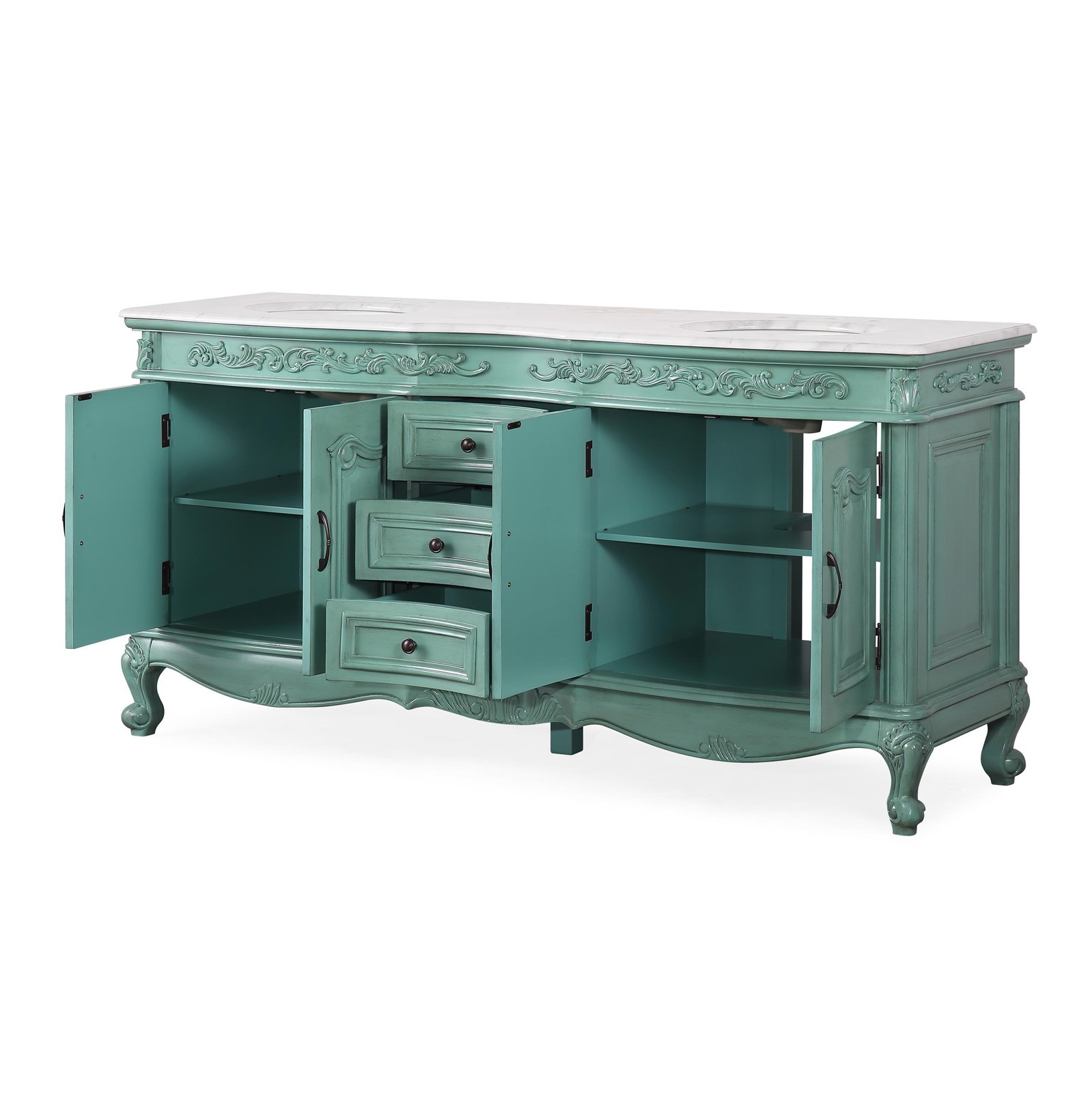 72″ Double Sink Vanity Carrara White Marble Top Bathroom Vintage Green Cabinet