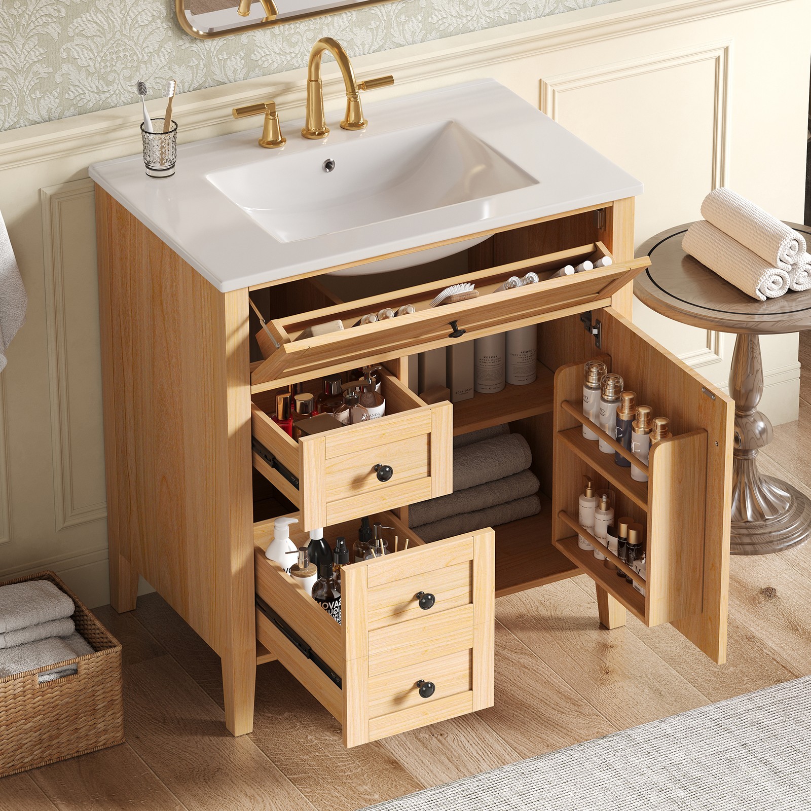 30″ Bathroom Vanity with Sink, 3 Drawers, Freestanding Vanity Storage Cabinet