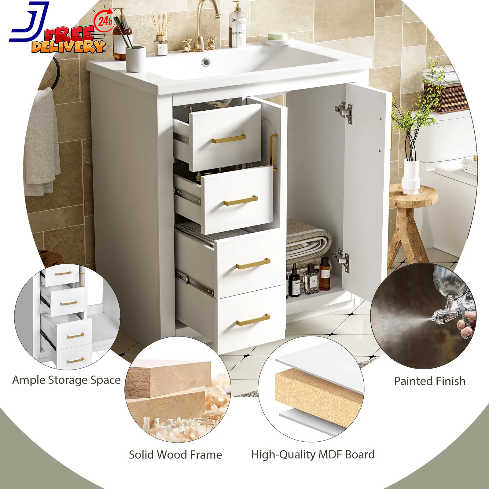 30” Bathroom Vanity w/Ceramic Sink Combo Solid Wood Frame Bathroom Storage Cabi