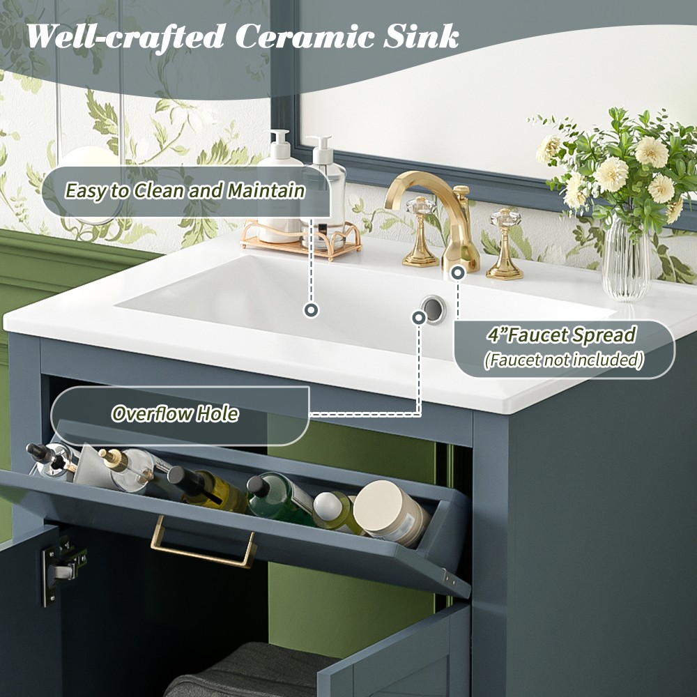 24in Bathroom Vanity Integrated Ceramic Sink 2 Doors 1 Tip-out Drawe