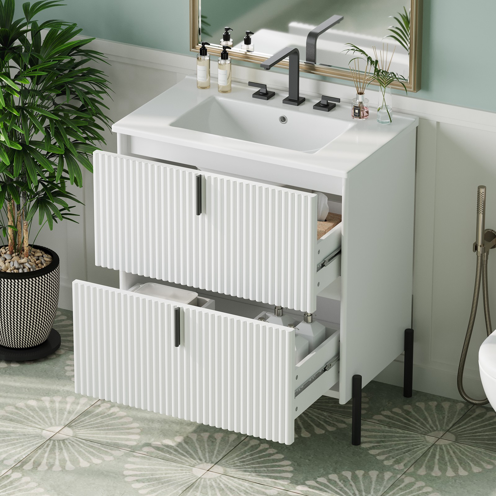 30″ White Bathroom Vanity with Ceramic Sink & Soft Close Drawers