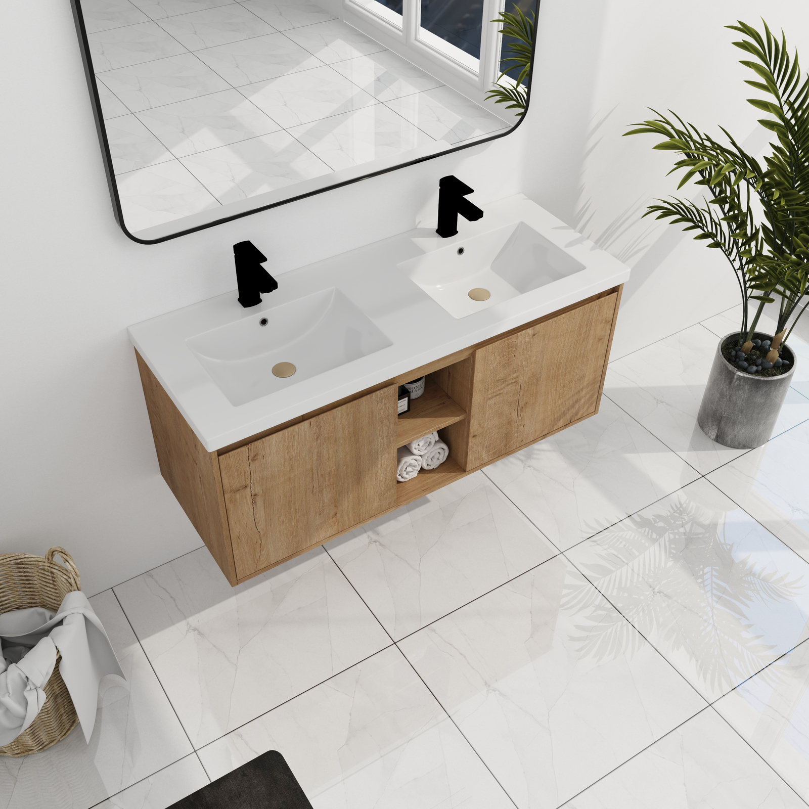 48″ Plywood Wall Mounted Bathroom Vanity With Double Sink Basin 2 Doors Storage