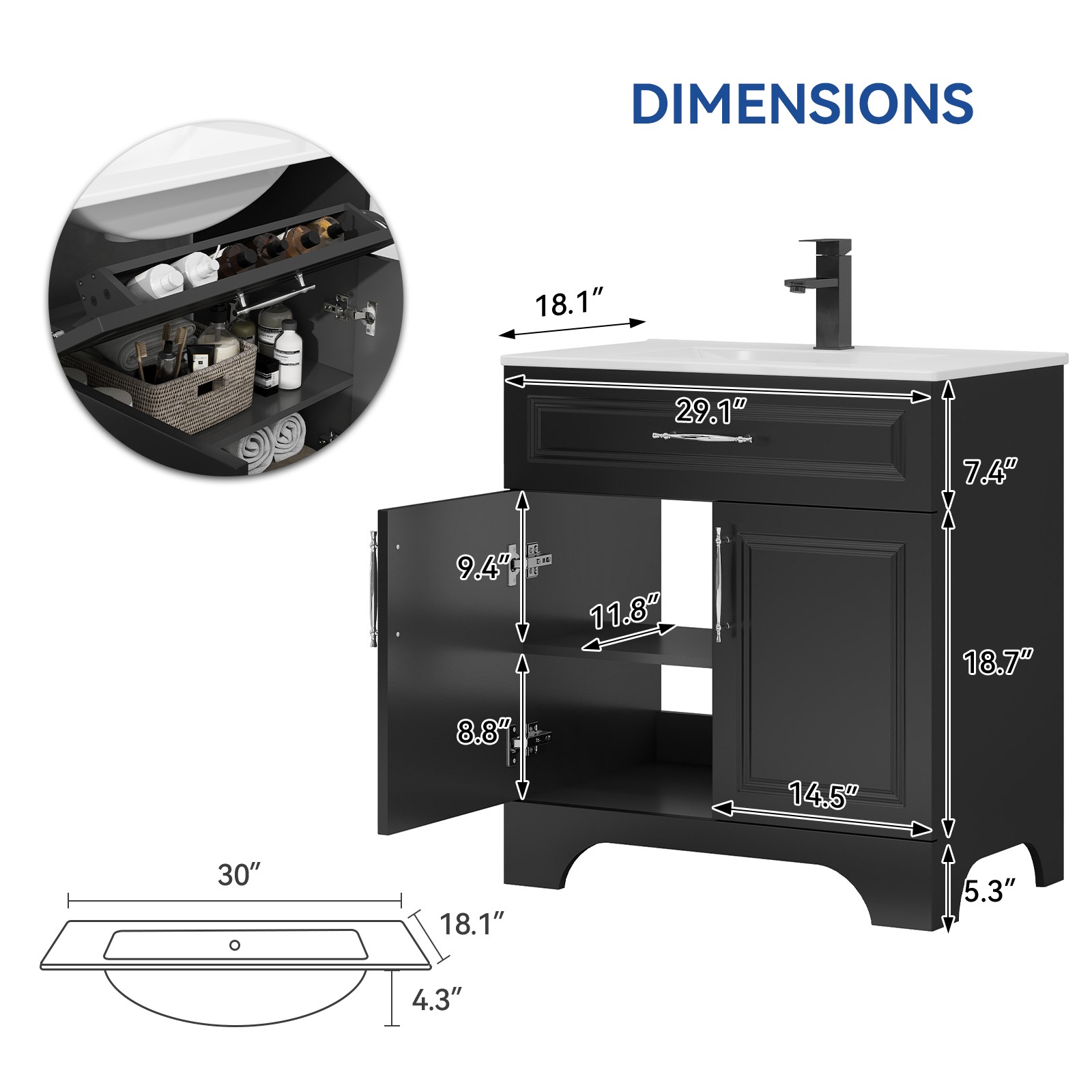 30″ Modern Black Bathroom Vanity Set Soft Close Doors Storage Cabinet with Sink