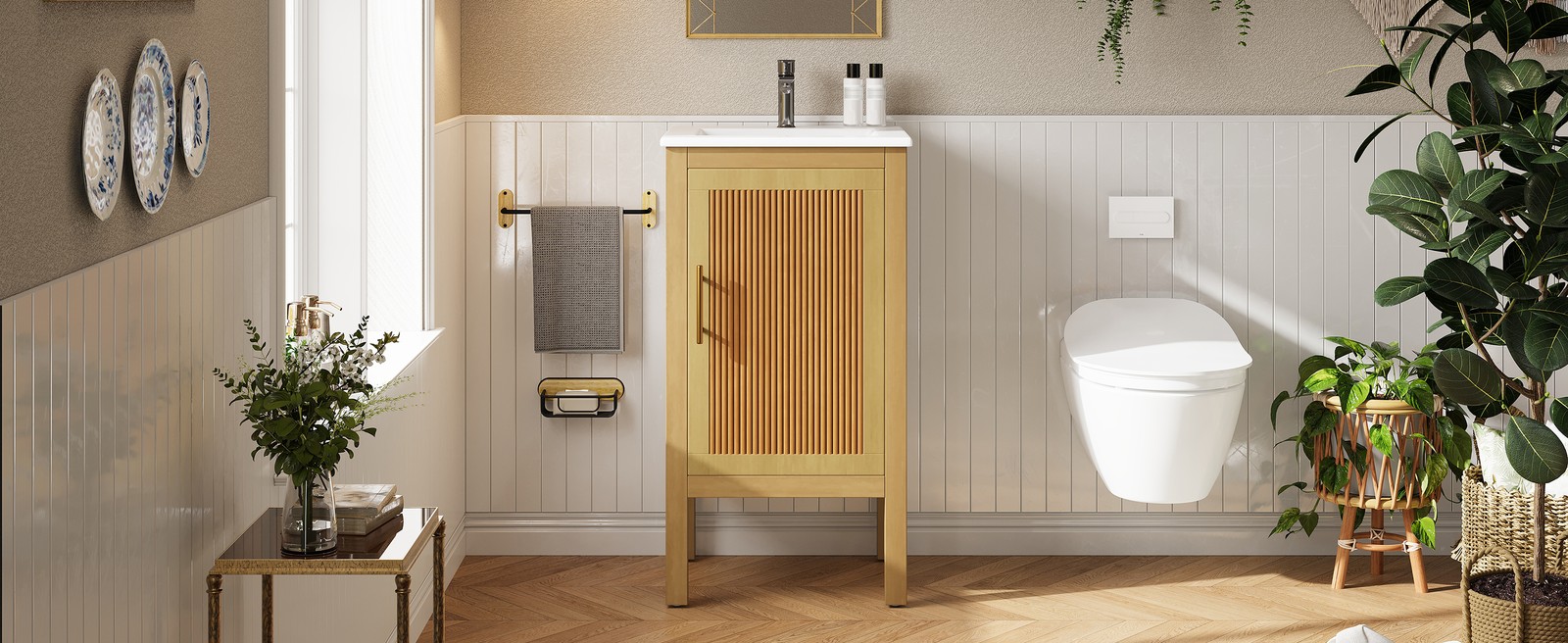 18″ Bathroom Vanity Cabinet with Ceramic Sink, Natural Wood