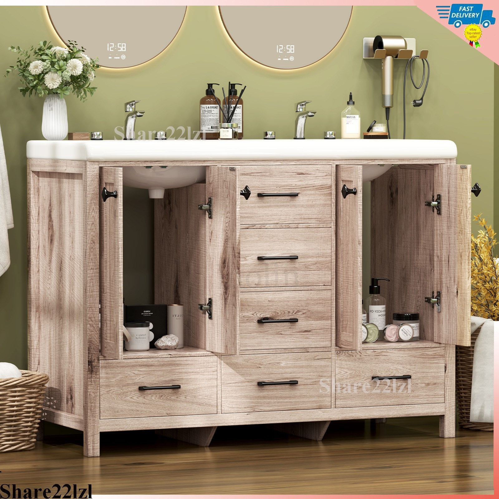 47inch Bathroom Vanity Retro Bathroom Storage Cabinet with Ceramic Sink Wooden