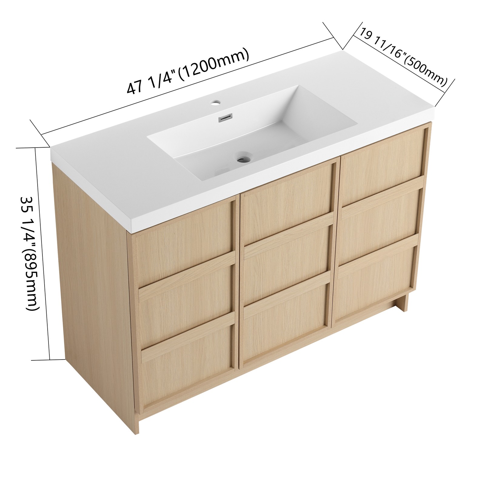 48 Inch Plywood Freestanding Bathroom Vanity Cabinet 3 Doors With Resin Sink Oak