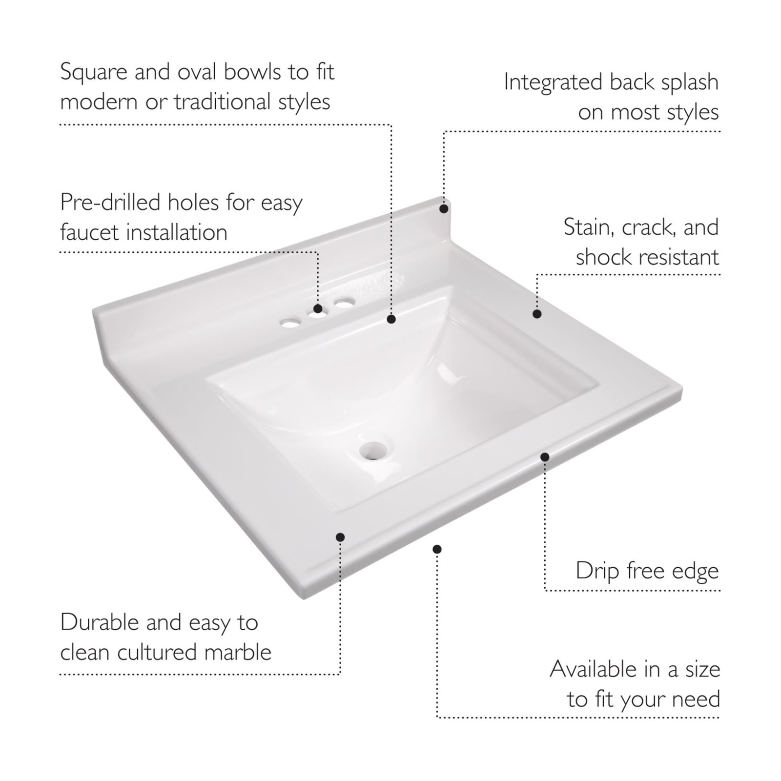 Design House 557629 Camilla I 25″ Cultured Marble Drop-In Vanity – White