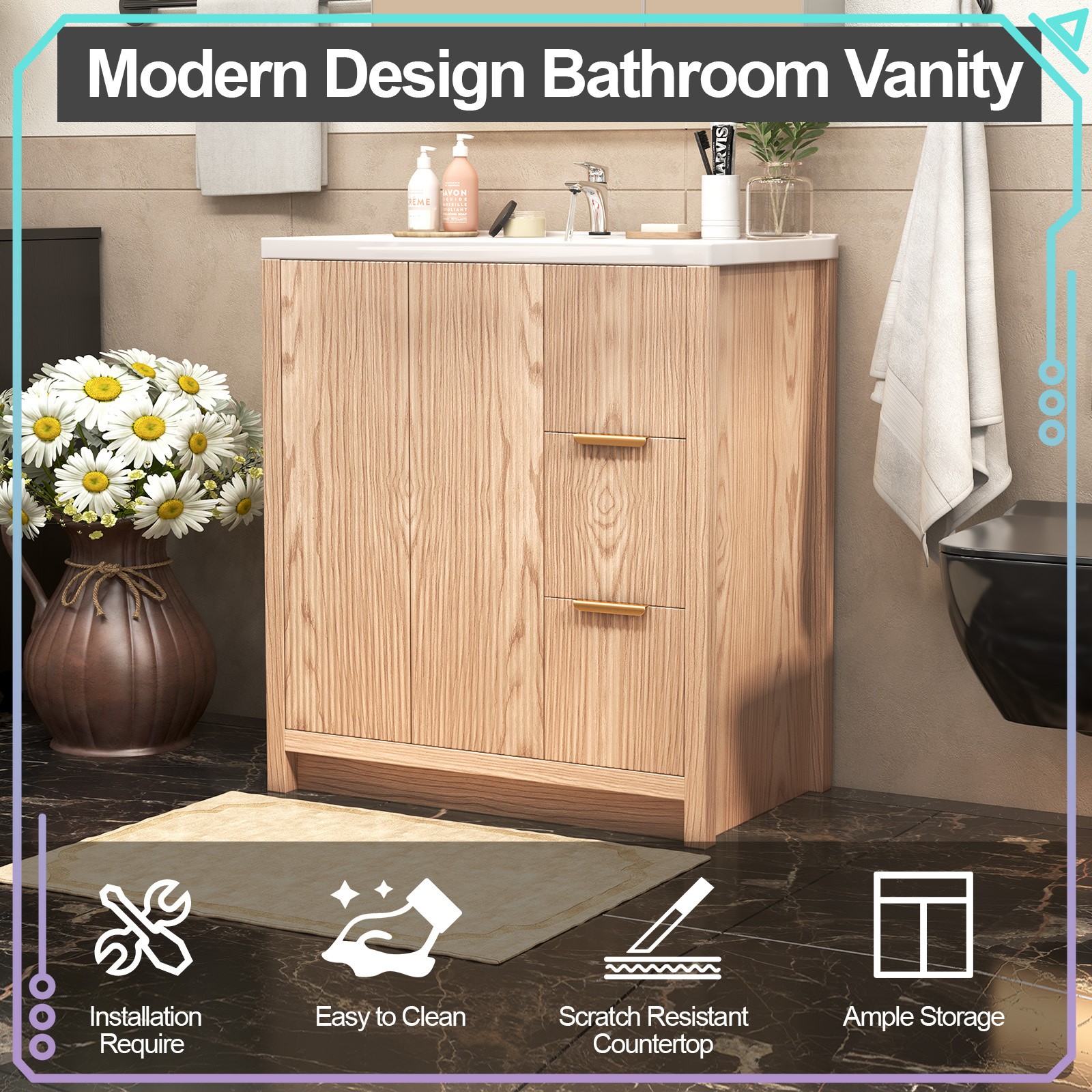 31 Inch Vanity Wood Bathroom Vanity Cabinet W/ Countertop Ceramic Sink
