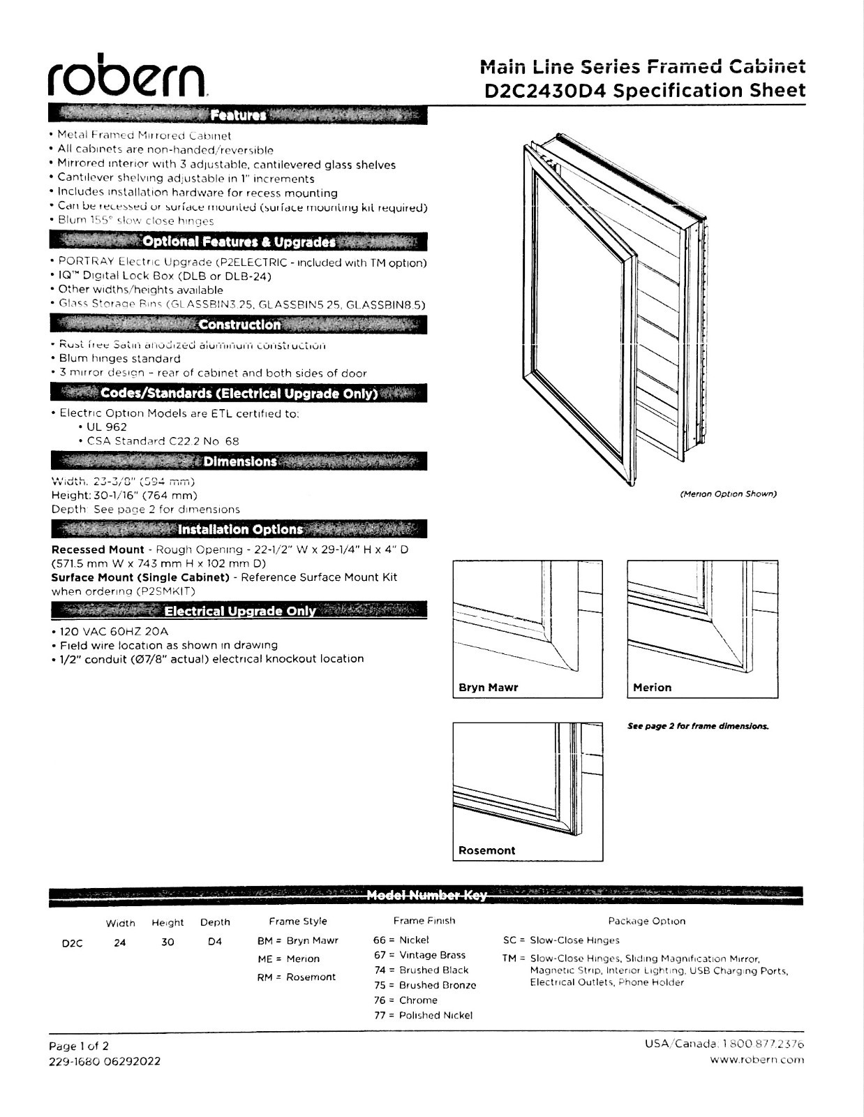 Robern D2C2430D4BM76SC – Main Line Mirrored Cabinet – 24″ x 30″ x 4″ – Chrome