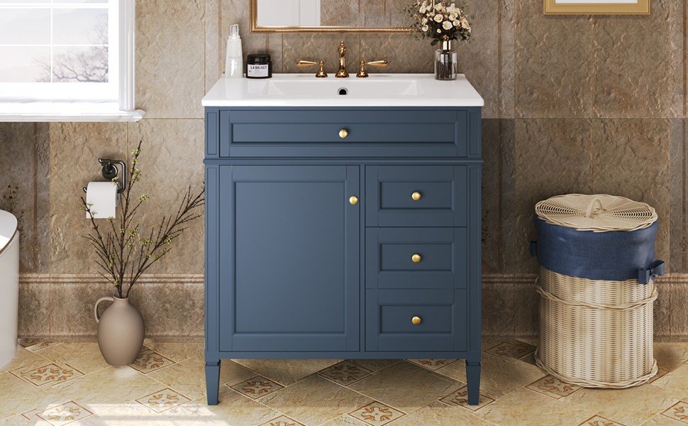 30″ Bathroom Vanity with Sink, 2 Drawers & Tip-Out Drawer, Blue