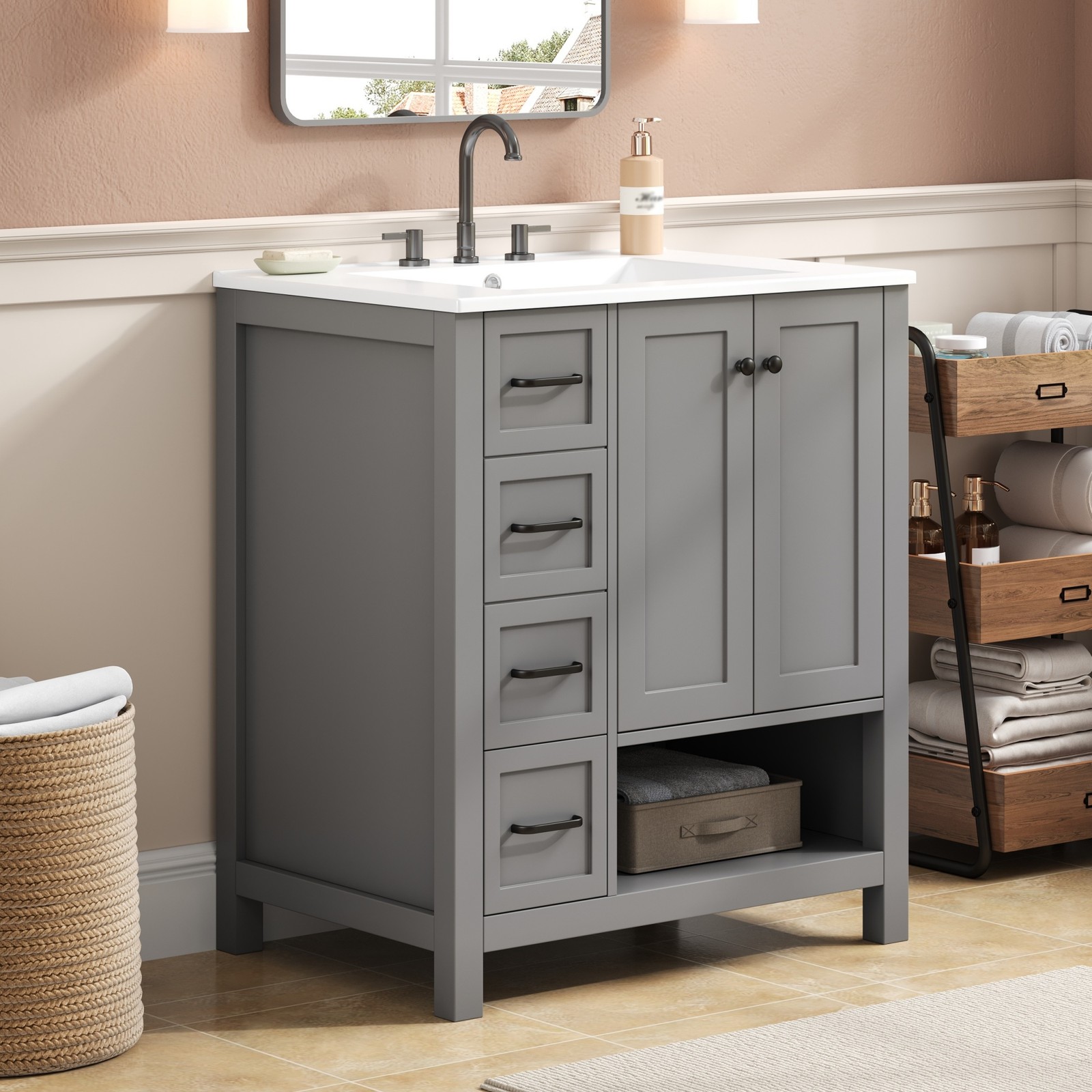 30″ Bathroom Vanity with Sink, 2 Doors & 2 Drawers, Solid Wood, Gray