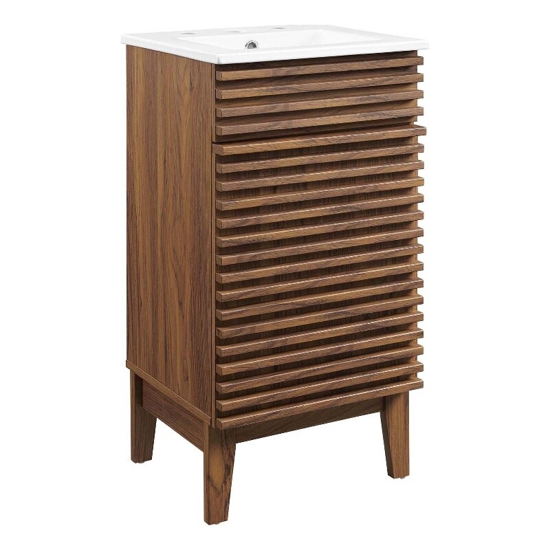 Modway Render 18″ Wood & Ceramic Bathroom Vanity Cabinet in Walnut/White