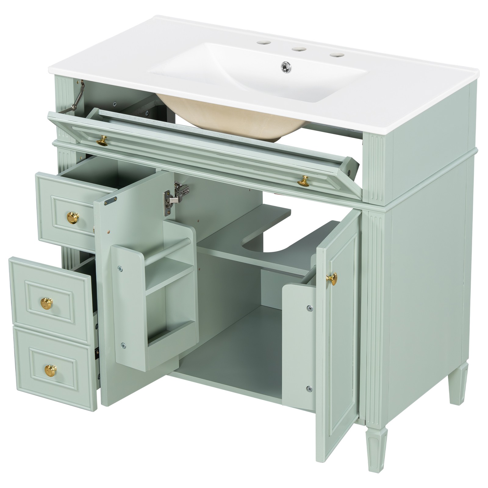 36″ Bathroom Vanity with Sink, Green Solid Wood Cabinet, 3 Drawers 2 Doors