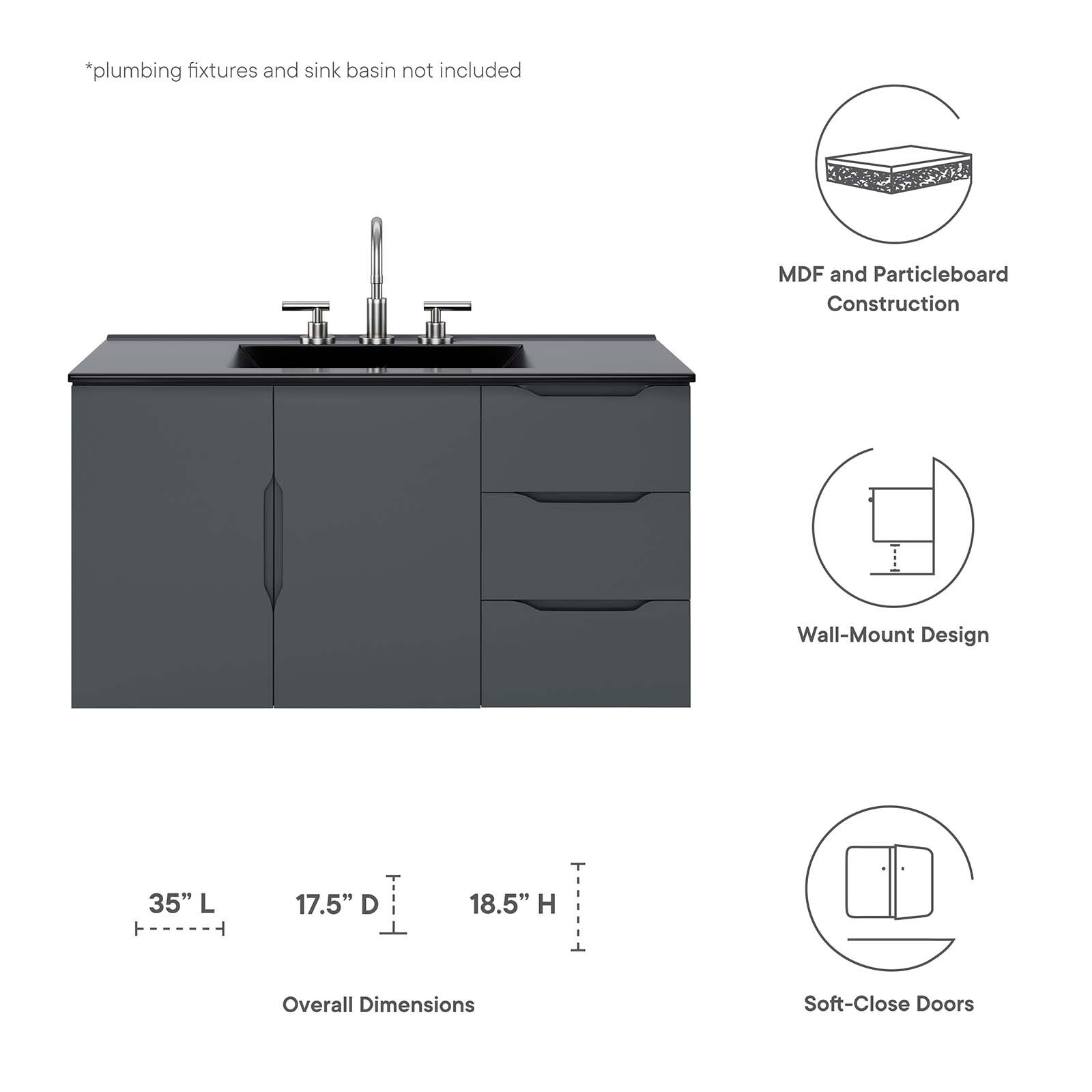 Modway Vitality 36″ Bathroom Vanity Cabinet (Sink Basin Not Included) in Gray