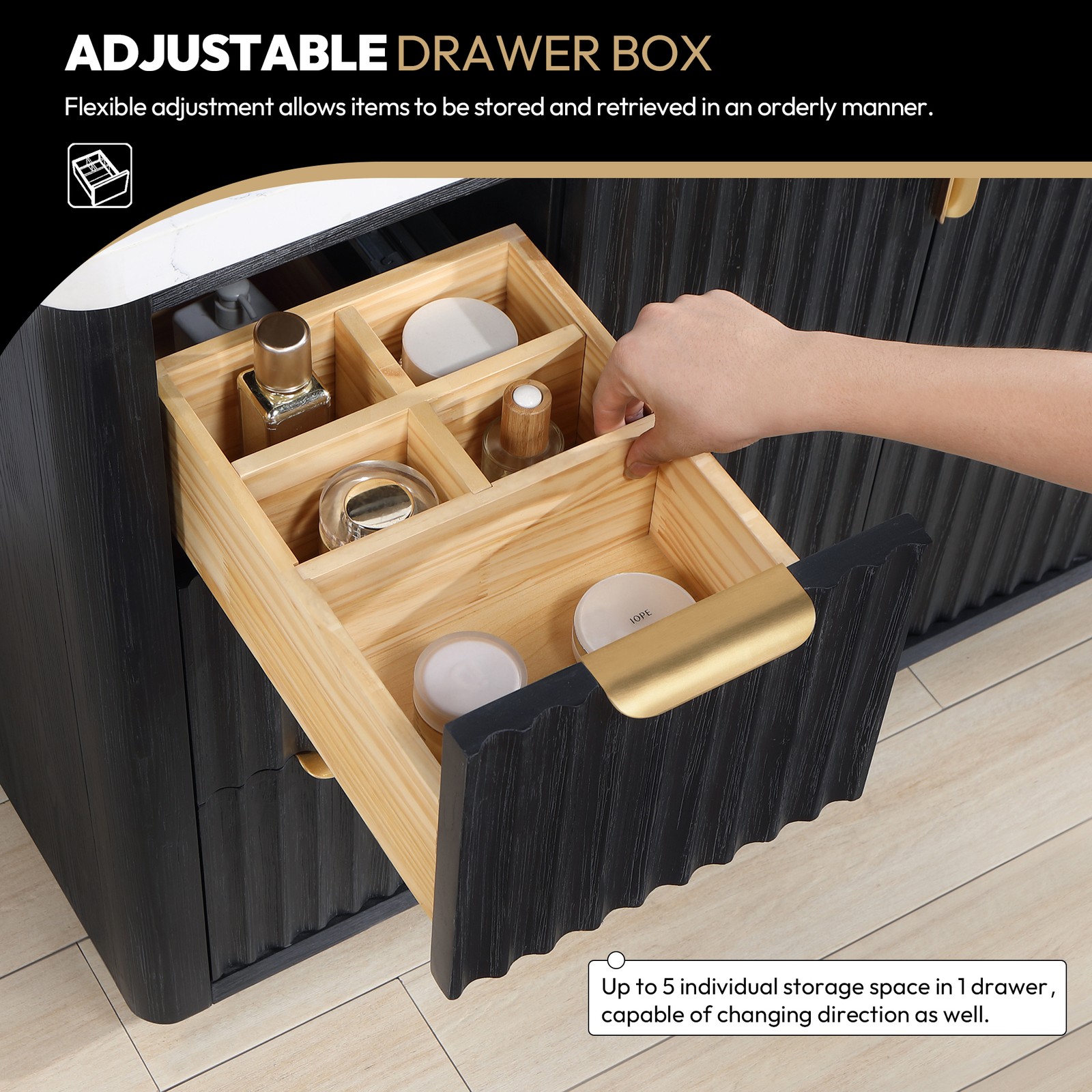 Cadiz 60″ Single Bathroom Vanity in Fir Wood Black with Composite Stone Top