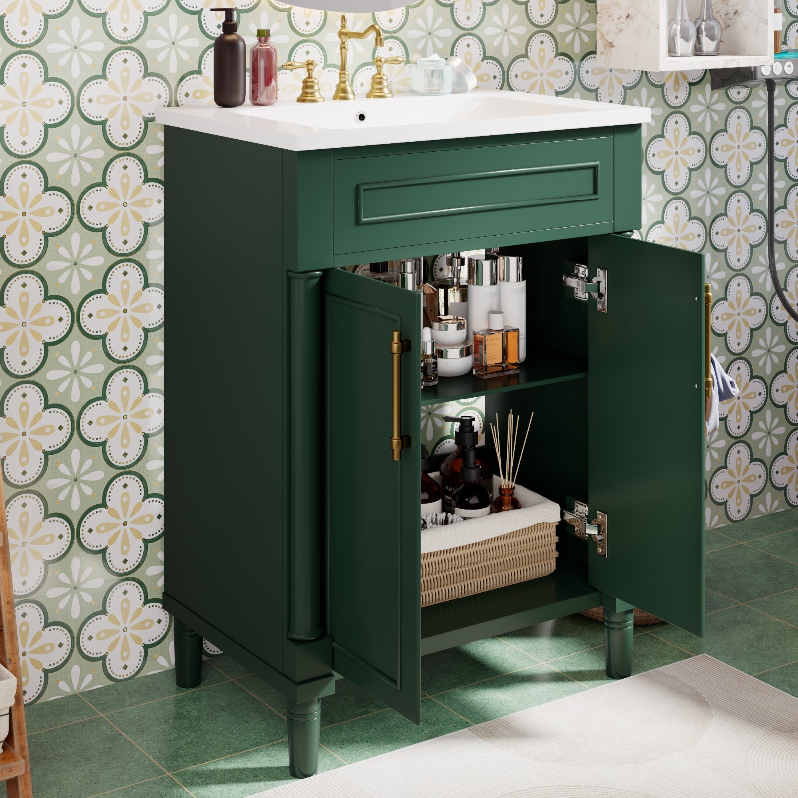 24″ Bathroom Vanity with Integrated Ceramic Sink, Bathroom Cabinet with 2 Doors