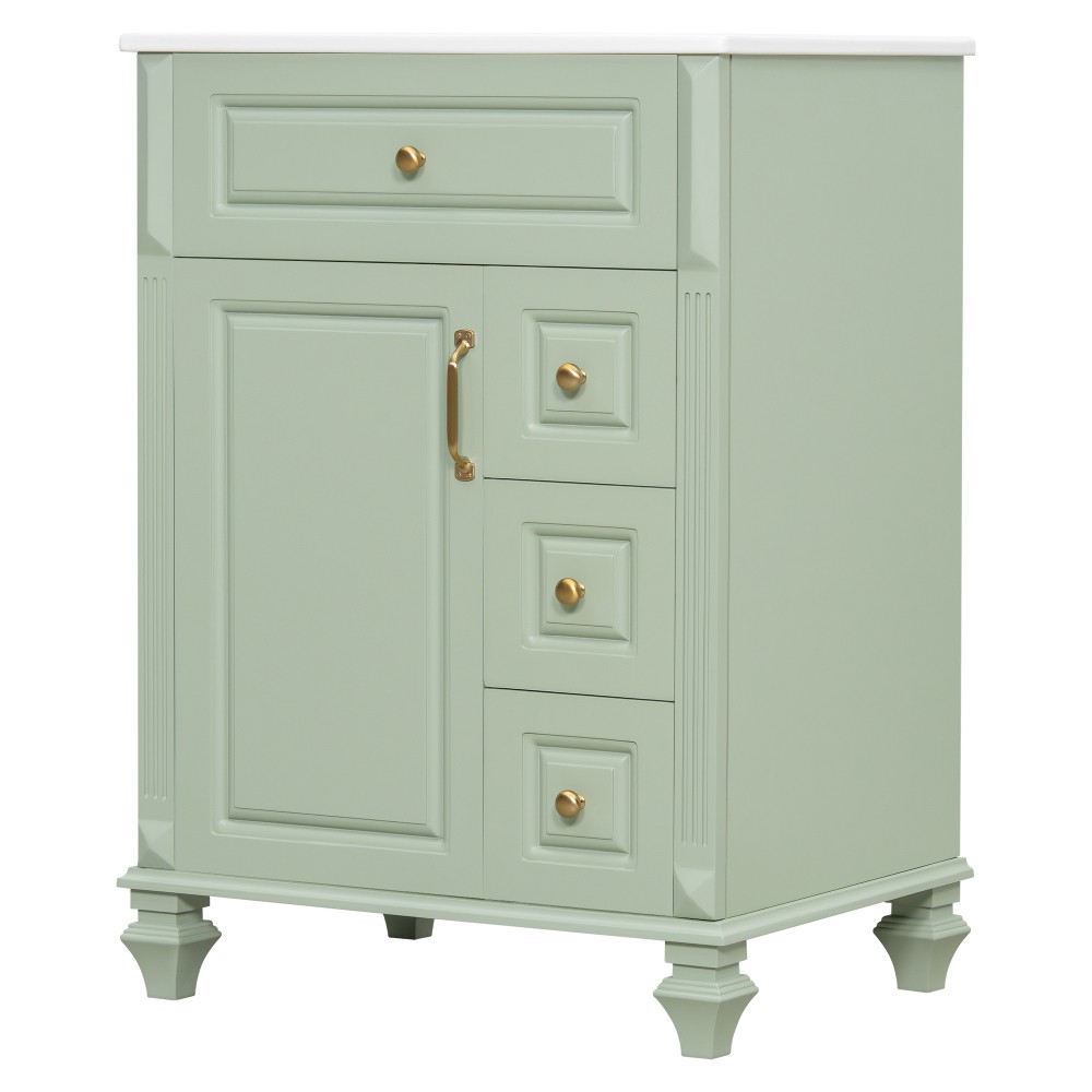 24″ Freestanding Vanity with Ceramic Sink & 3 Drawers, Solid Wood & MDF, Green