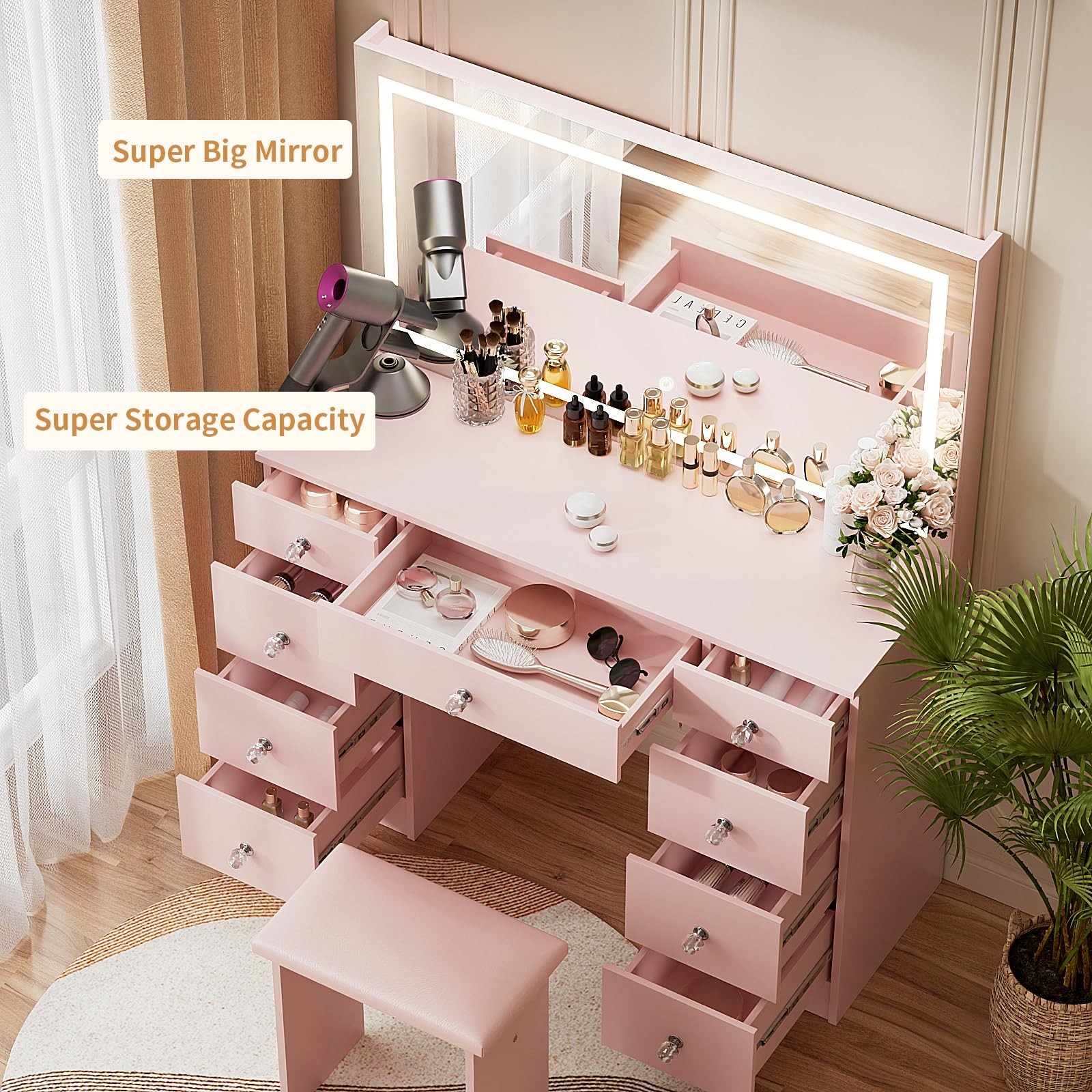 Vanity Lighted Mirror Power Outlet 9 Drawers 3 Color Lighting 43 Pink