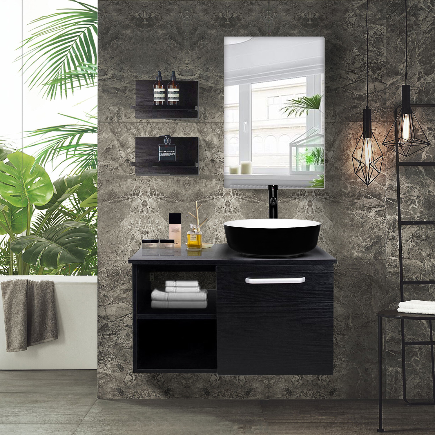 28″ Bathroom Vanity Sink Combo Wall Mounted Cabinet Drawers Mirror Faucet Drain