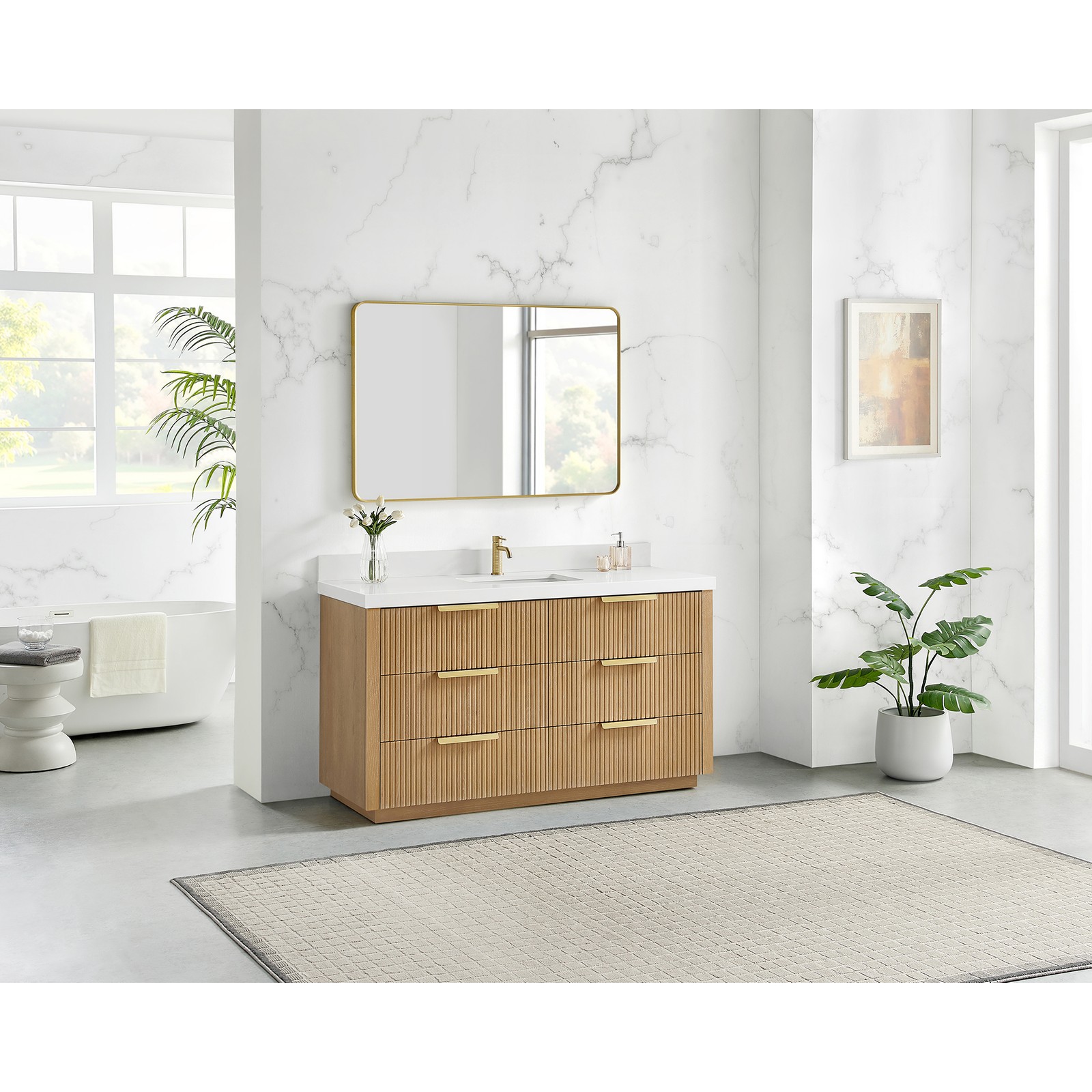 Santarem 60″ Single Bath Vanity in Washed Ash Grey with White Quartz Stone Top